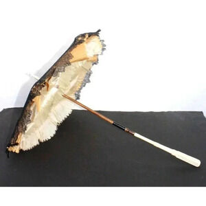 Antique Silk w/ French Lace Overlay Parasol Folding Bone Handle 19th C Victorian